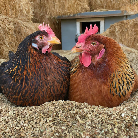 Two chickens laying down in hemp hurd animal bedding